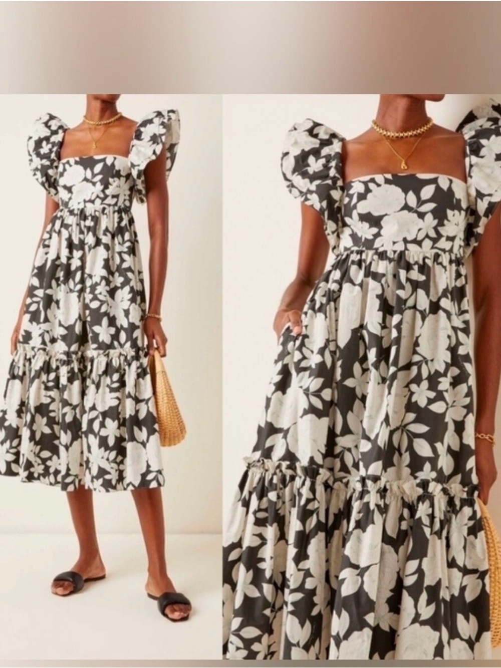 Cara Cara Black & White Floral Puff-Sleeve Midi Dress